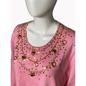 Vintage Jack B Quick Womens XL Pink Long Sleeve Sequin Gold Heart Top